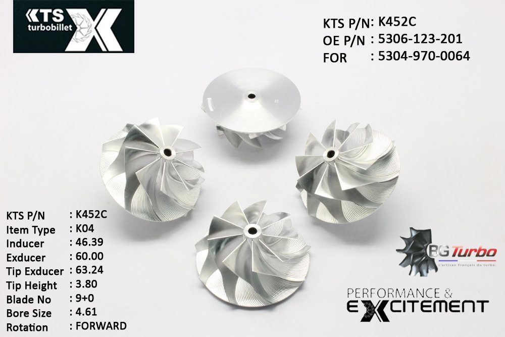Turbo ROUE FORGÉE MFS PERFORMANCE - 9+0 PALES - INDUCER : 46,39 - EXDUCER : 60 - TYPE : K04ANGLE : 45° - ROTATION : Forward - SUPER BACK : 1,8 - BORE SIZE : 4,61
